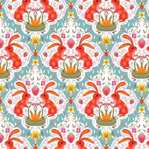 S – bunnies strawberries and carrots spring damask 