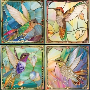 Large Jeweled Hummingbirds Watercolor Stained Glass Patchwork