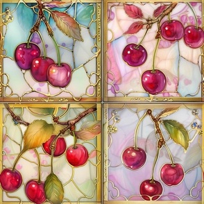 Large Watercolor Stained Glass Winter Cherries Patchwork