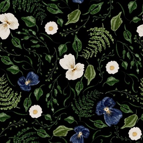 Pressed flowers white and navy with greenery | Black