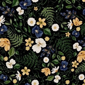 Pressed flowers in yellow, navy, cream and greenery | Black