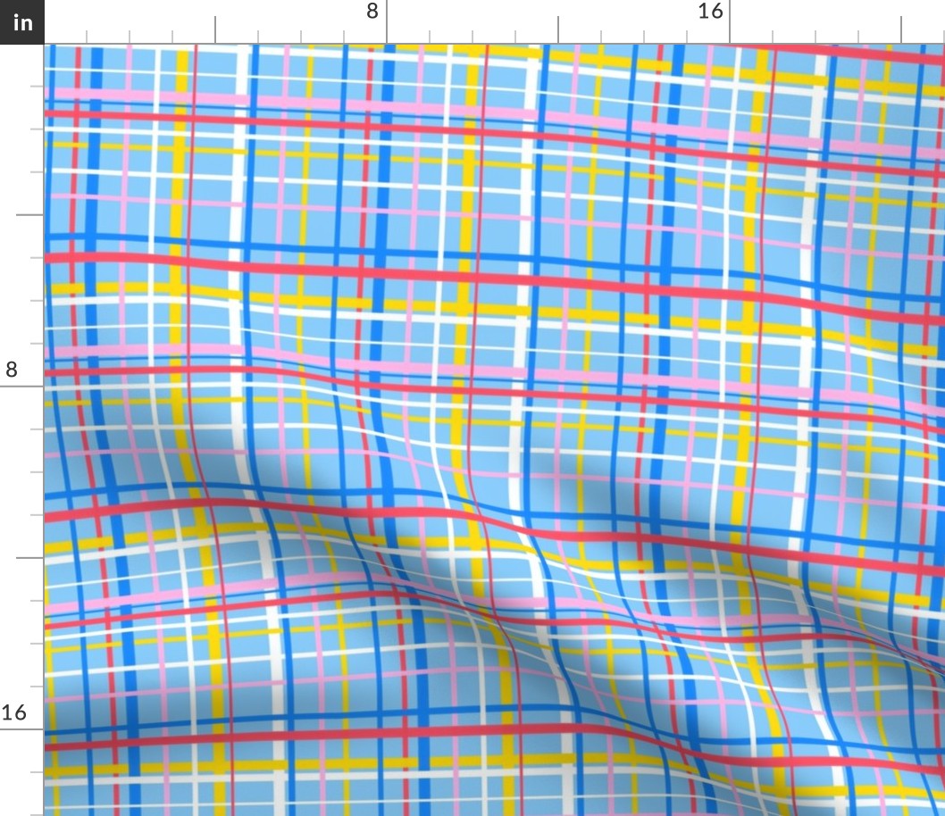 Vibrant Plaid Pink Yellow Stripes on Blue - S