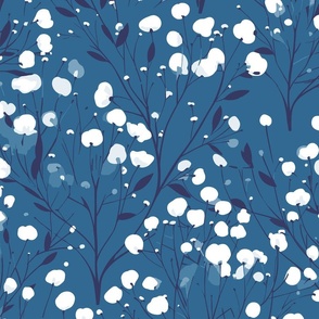 Abstract white flowers on darker  teal blue, winter flowers - medium scale