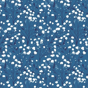 Abstract white flowers on darker  teal blue, winter flowers - small scale