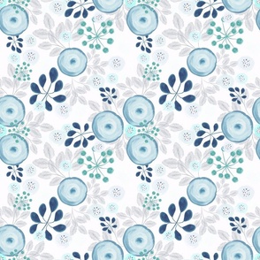 Delicate floral watercolor pattern. Light blue flowers with grey, blue leaves on a white background.
