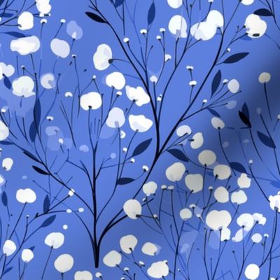 Abstract white flowers on darker  sky blue, winter flowers - small scale