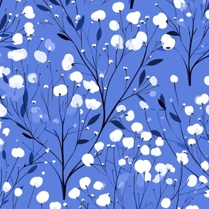Abstract white flowers on darker  sky blue, winter flowers - medium scale