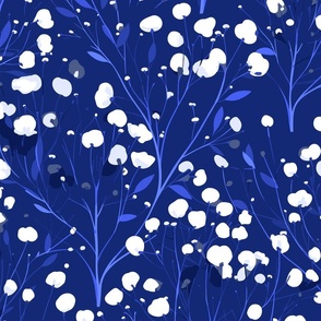 Abstract white flowers on bold cobalt blue, winter flowers - medium scale