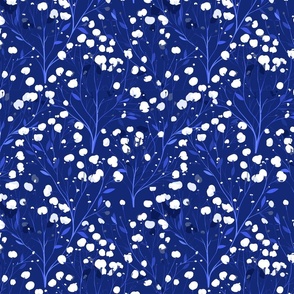 Abstract white flowers on bold cobalt blue, winter flowers - small scale