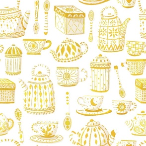 L - Ornate Tea Party  Set - Teacups, Teapots, Tea Tins, & Spoons - White and Golden Yellow