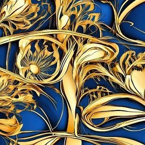 abstract gold flowers blue background