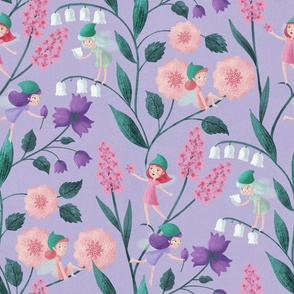 LARGE Four Pink, Green and Violet Hand-Drawn Spring Flower Fairies on a Lilac Light Purple background 