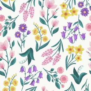 LARGE Colorful Pink Purple Yellow Green Hand-Drawn Textured Spring Flowers on a White background - Large