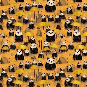kawaii panda bears and yellow umbrellas in the rain inspired by georges seurat