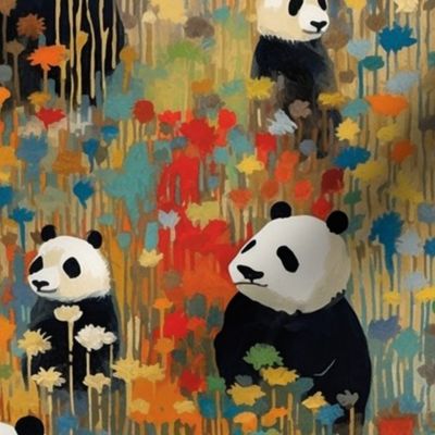 georges seurat inspired panda bears in a rainbow bamboo field