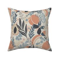 Fruity and floral acrylic painted summer repeat pattern design featuring terra cotta peaches, butterflies, slate blue and charcoal grey leaves, pink and orange flowers, light blue blossoms on a beige off-white background, coastal cottage colors, MEDIUM