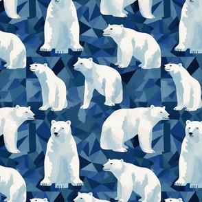 georges seurat inspired polar bears on a geometric blue landscape
