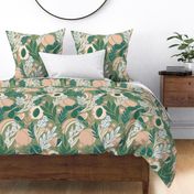 Green fruity and floral acrylic painted summer repeat pattern design featuring orange apricot peaches, butterflies, emerald green and light blue leaves, desert sand flowers, light blue blossoms on green background, retro and vintage color palette, JUMBO 