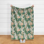 Green fruity and floral acrylic painted summer repeat pattern design featuring orange apricot peaches, butterflies, emerald green and light blue leaves, desert sand flowers, light blue blossoms on green background, retro and vintage color palette, JUMBO 