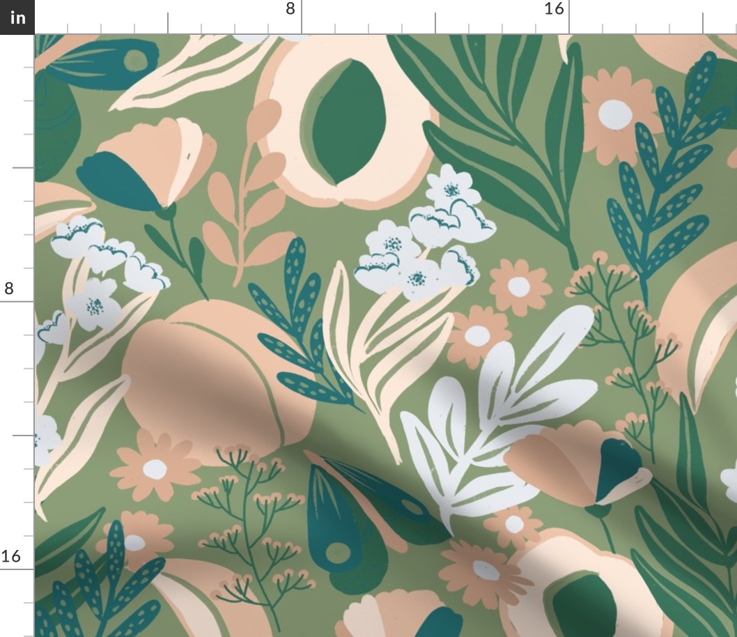 Green fruity and floral acrylic painted summer repeat pattern design featuring orange apricot peaches, butterflies, emerald green and light blue leaves, desert sand flowers, light blue blossoms on green background, retro and vintage color palette, JUMBO 