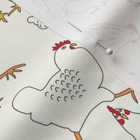 (M) Busy Chickens, Chicks and Rooster Dark Brown Line Art on Cream