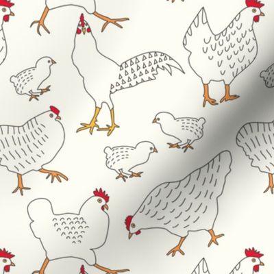 (M) Busy Chickens, Chicks and Rooster Dark Brown Line Art on Cream