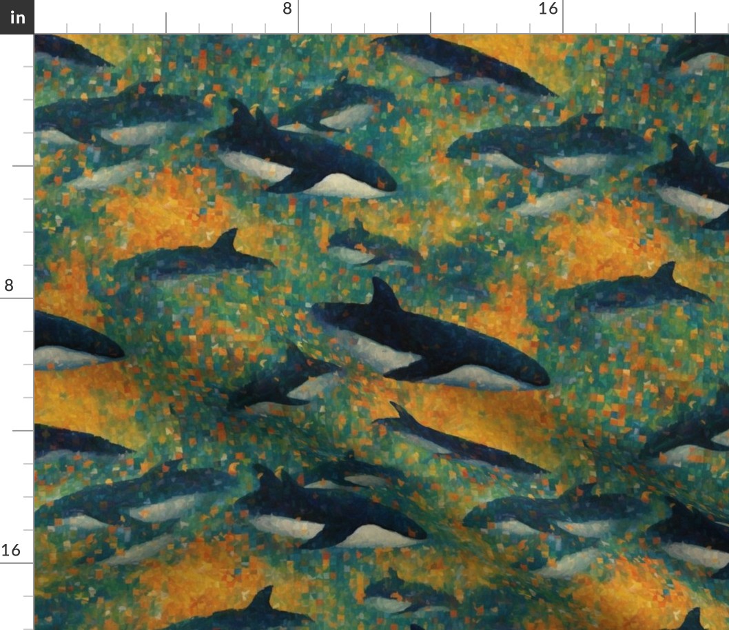 killer whale pod swimming in seurat inspired ocean of blue green gold