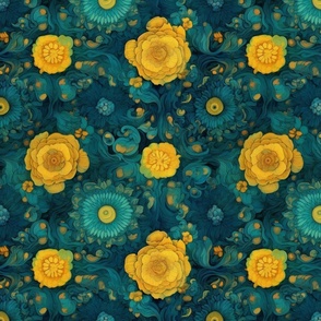 van gogh inspired gold yellow and teal blue floral mandala