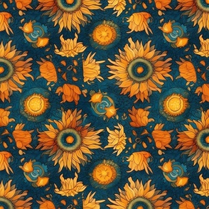 van gogh inspired golden sunflower floral mandala on a field of blue