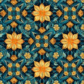 gold orange and yellow teal floral mandala inspired by van gogh