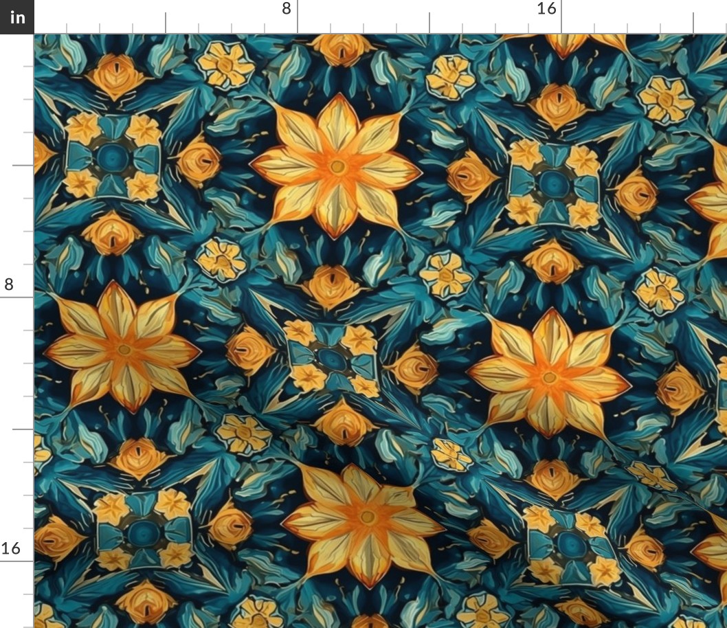 gold orange and yellow teal floral mandala inspired by van gogh