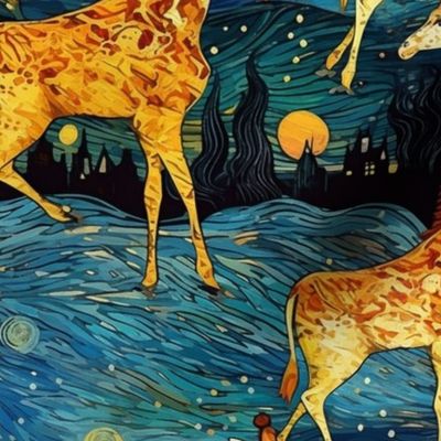 giraffe herd of gold red in the starry night inspired by van gogh