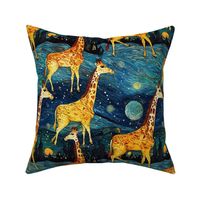 giraffe herd of gold red in the starry night inspired by van gogh