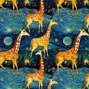 giraffe herd of gold red in the starry night inspired by van gogh