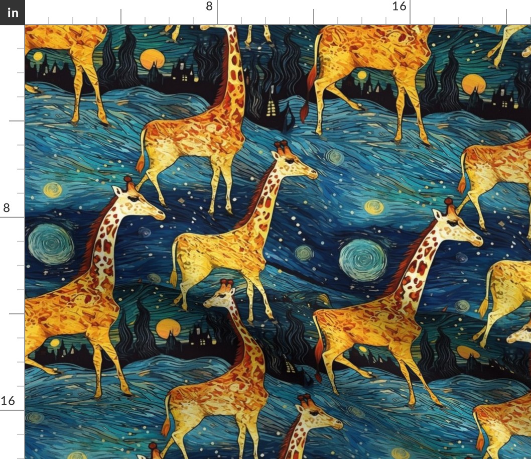 giraffe herd of gold red in the starry night inspired by van gogh