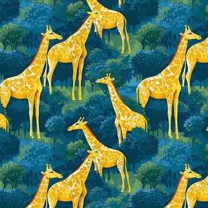 giraffe herd in yellow gold in a blue green forest inspired by van gogh