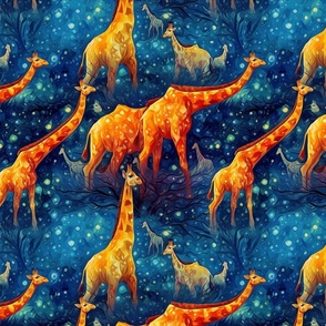 van gogh inspired giraffe herd in the starry  night