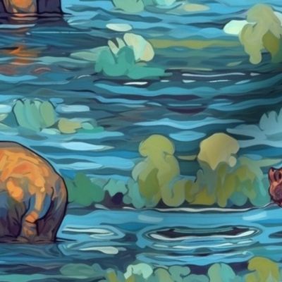 van gogh inspired hippo in blue green water