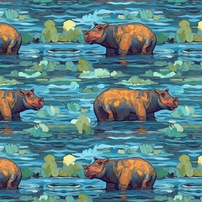 van gogh inspired hippo in blue green water