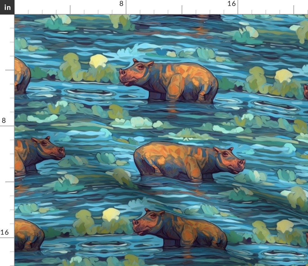 van gogh inspired hippo in blue green water