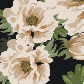 Peonies and Butterflies Black Base Soft Florals Wallpaper