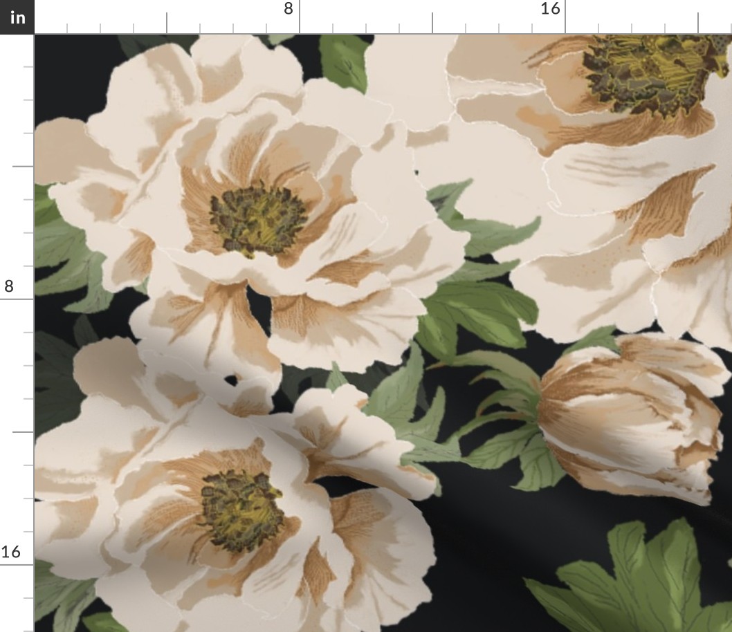 Peonies and Butterflies Black Base Soft Florals Wallpaper