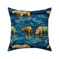 van gogh inspired hippo herd in blue water
