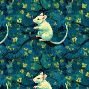 van gogh inspired white mice on blue yellow floral