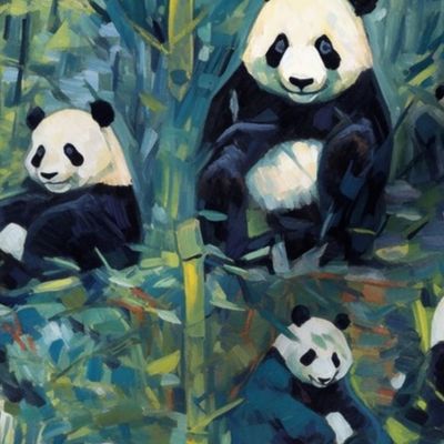 panda bears in the green bamboo jungle inspired by vincent van gogh