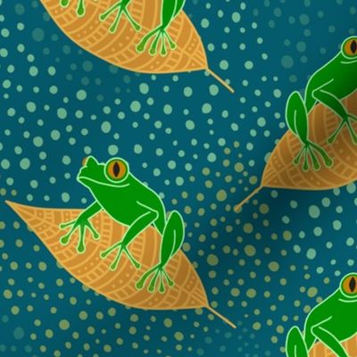 Floating Frogs on Golden Yellow Leaves
