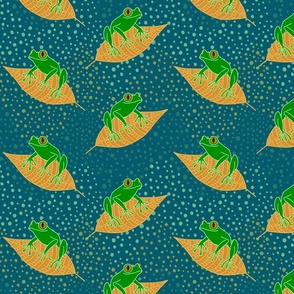 Floating Frogs on Golden Yellow Leaves