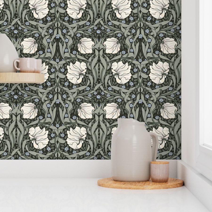 Pimpernel By William Morris- Medium - Perfect Glamour for Heritage, English Cottage, A New Farmhouse - Grandmillennial Opulent Victorian Pimpernell Flowers For Luxury Elegant Home Decor and Wallpaper-reets green gray cream blue black