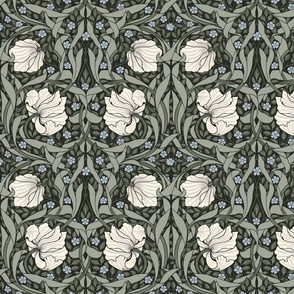 Pimpernel - SMALL 10"  - historic reconstructed damask wallpaper by William Morris -   reets green cream and light blue antiqued restored reconstruction  art nouveau art deco - dark