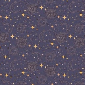 Celestial Stars Navy and Yellow Cosmic Sun Moon Stars Wallpaper 4in